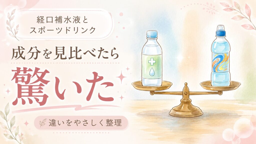 経口補水液とスポーツドリンクの成分表示を見比べて違いを整理する女性