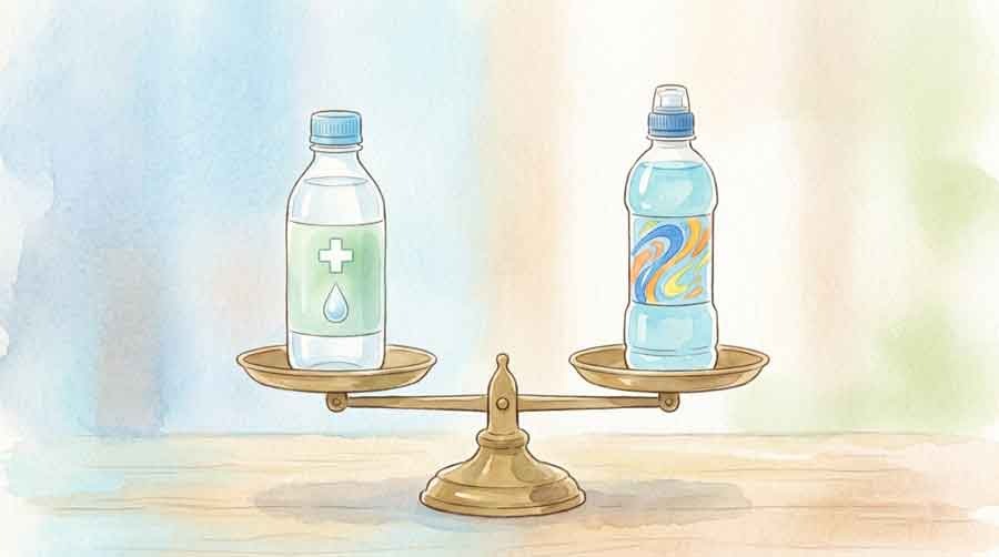 経口補水液とスポーツドリンクの成分表示を見比べて違いを整理する女性