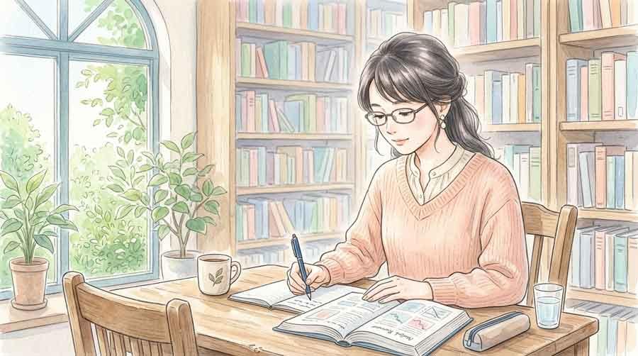 経口補水療法について医療資料を確認しながら整理するまるの姿