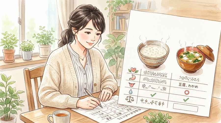 甘酒や味噌汁など日常の飲料を経口補水液・スポーツドリンクと比較して整理する女性