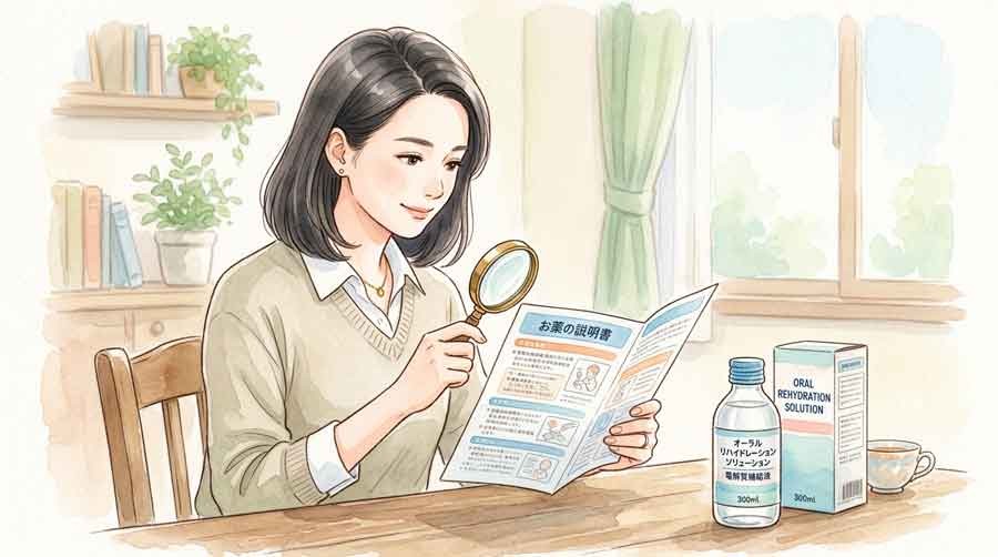 高齢者の薬の説明書と経口補水液を並べて注意点を確認する様子