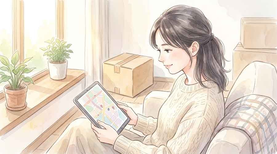 都外への引っ越しの影響を地図とスマホで確認する女性