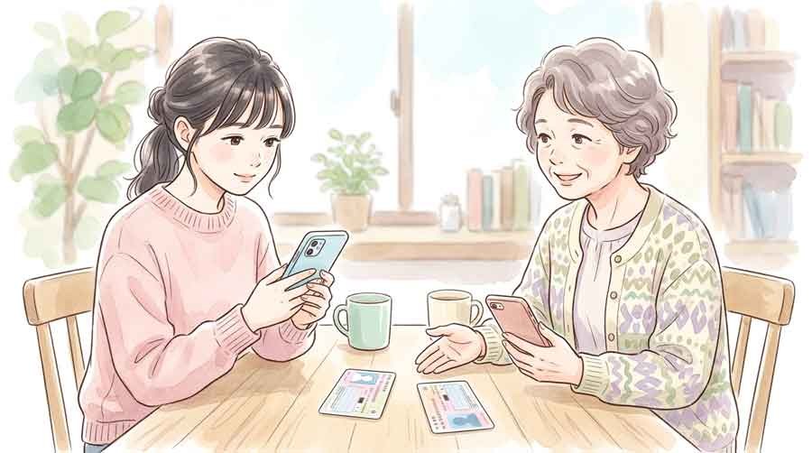 家族それぞれのスマートフォンを並べて確認する女性
