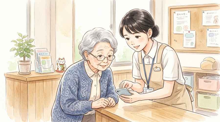 対面サポート窓口で職員に相談する高齢の女性