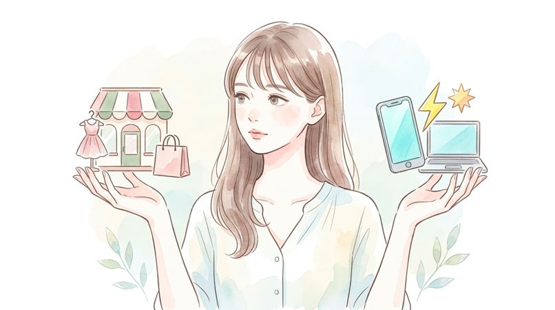 百貨店側と家電量販店側、それぞれの利点を図解する女性
