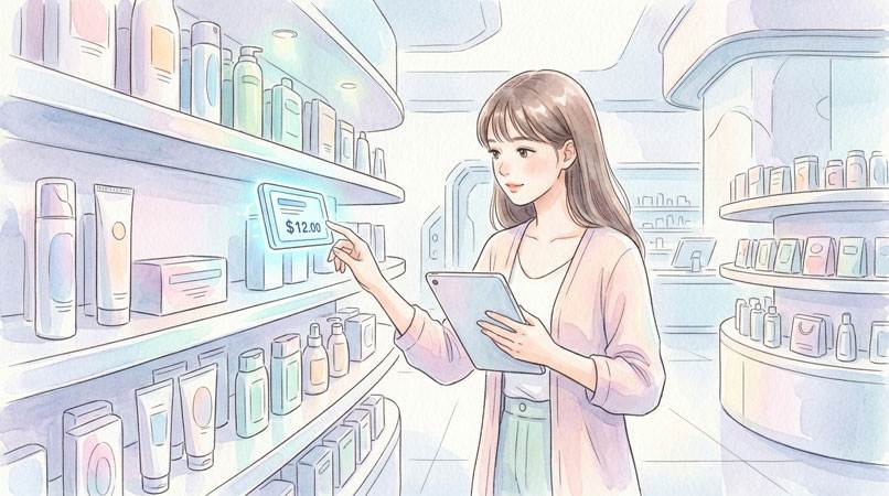電子棚札とEC連携の仕組みを解説する女性