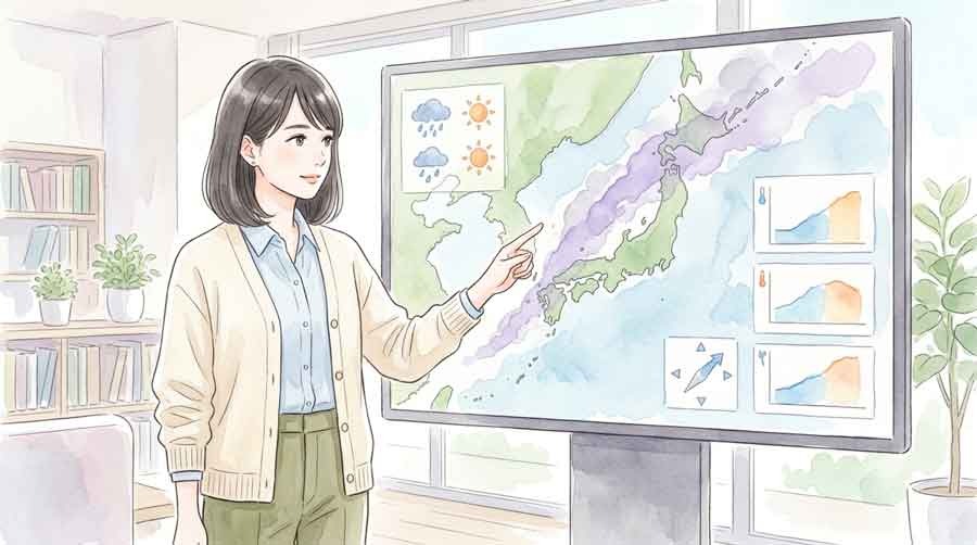 線状降水帯の構造を示す気象データと積乱雲の並びを見つめる女性