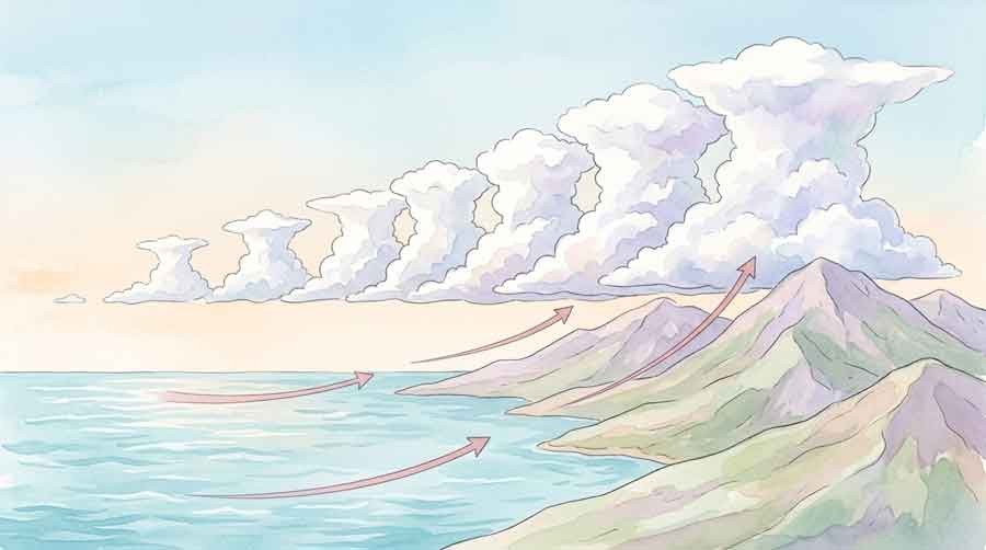 海から陸へ流れ込む水蒸気と積乱雲が連なる様子のイラスト