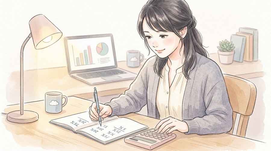 電卓とノートで確率計算をする女性、データ分析のイメージ