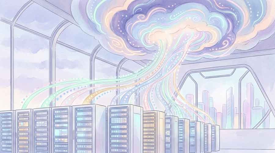 スーパーコンピュータの富岳をイメージした演算施設のイラスト