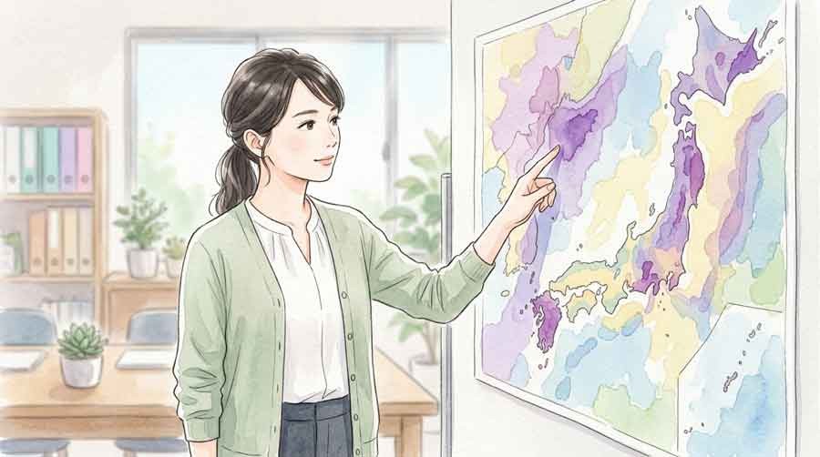 大雨キキクルの危険度マップを確認する女性、データを整理するイメージ