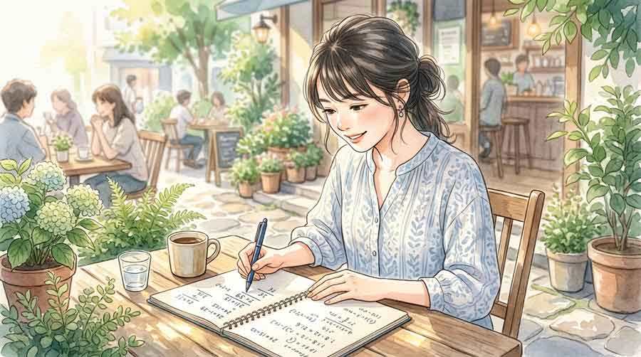 遮光率の等級を比較する表を見る女性のイラスト