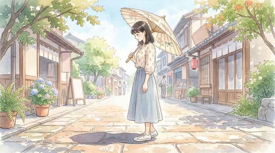 日傘の骨や生地の劣化を確認する女性のイラスト