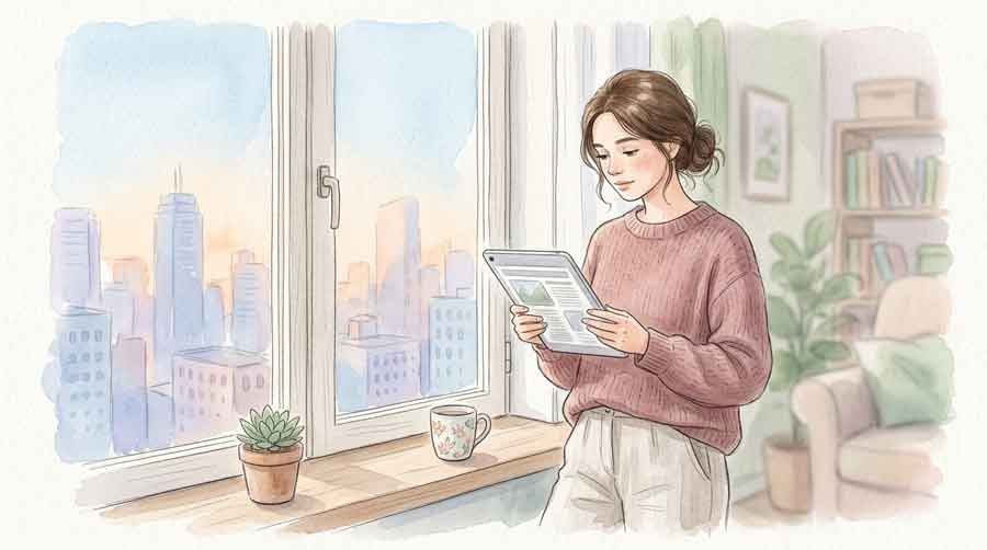 マイナ保険証の報道について資料を確認する女性