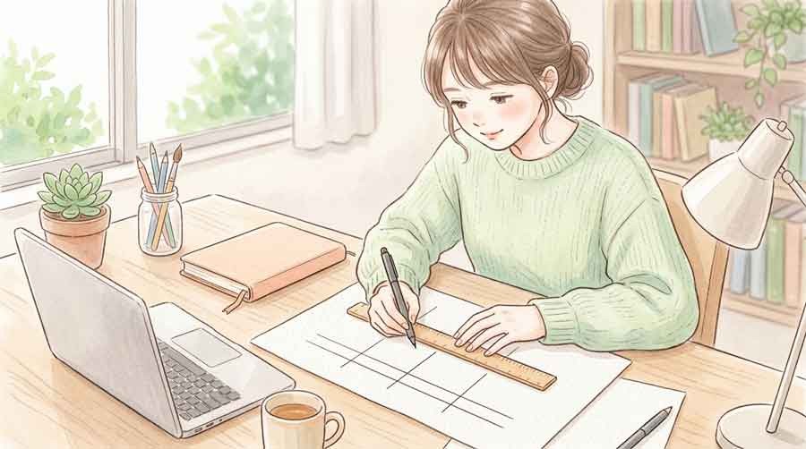 資格確認書と資格情報のお知らせの比較表を作成する女性