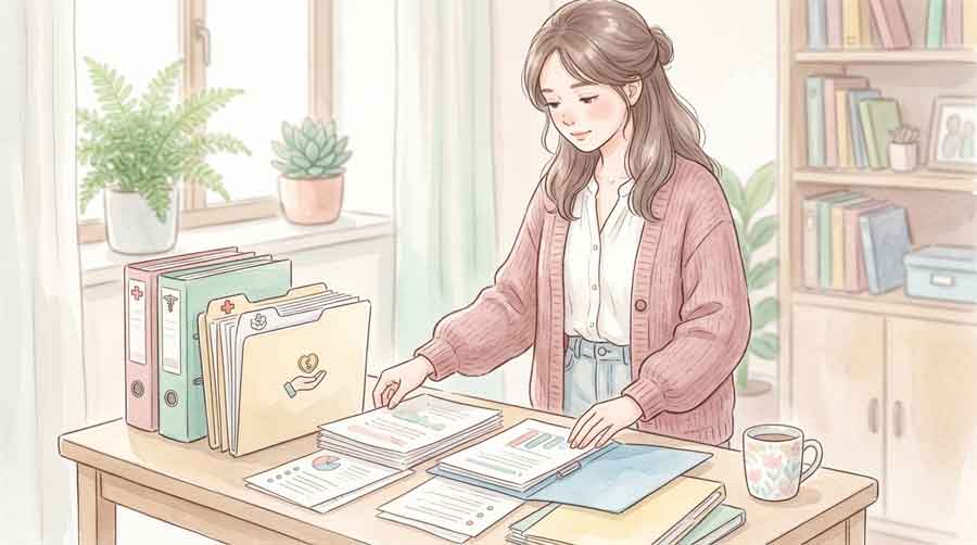 傷病手当金 給与の3分の2 仕組みを整理して資料を見つめる女性