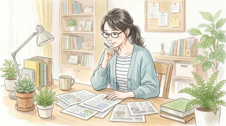 新聞や資料を読み込みながら考える知的な女性の書斎
