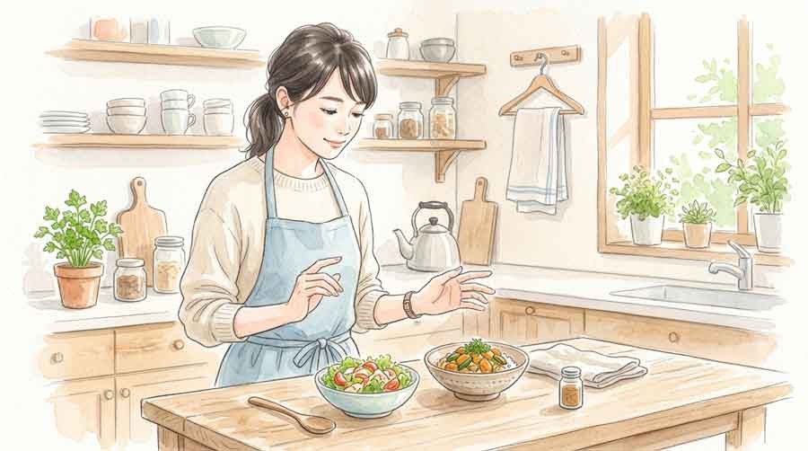 二つの料理を見比べながら分析する知的な女性、食品衛生の整理