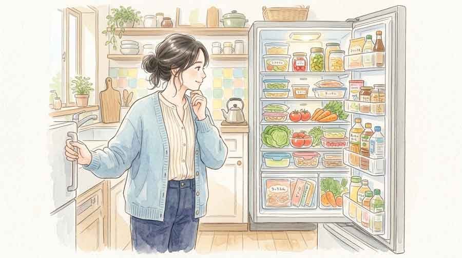 冷蔵庫の中を確認しながら整理する知的な女性