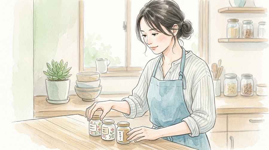 三つの容器を並べて整理する知的な女性、家庭の食品管理