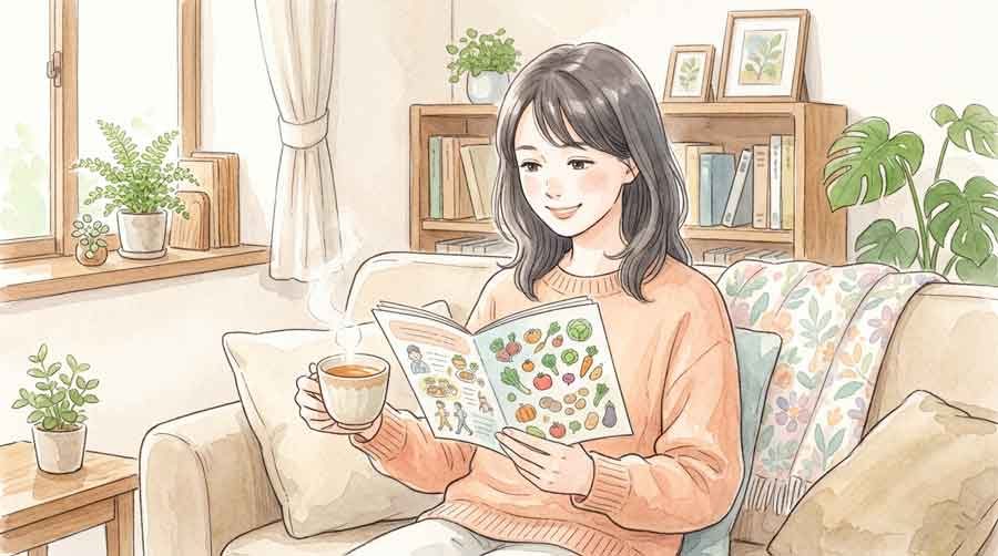 パンフレットを読みながらお茶を飲む知的な女性、落ち着いた様子