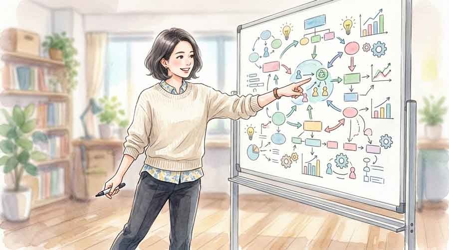 ベリンガムの戦術的な強さを分析する、知的な女性が資料を見つめる後ろ姿