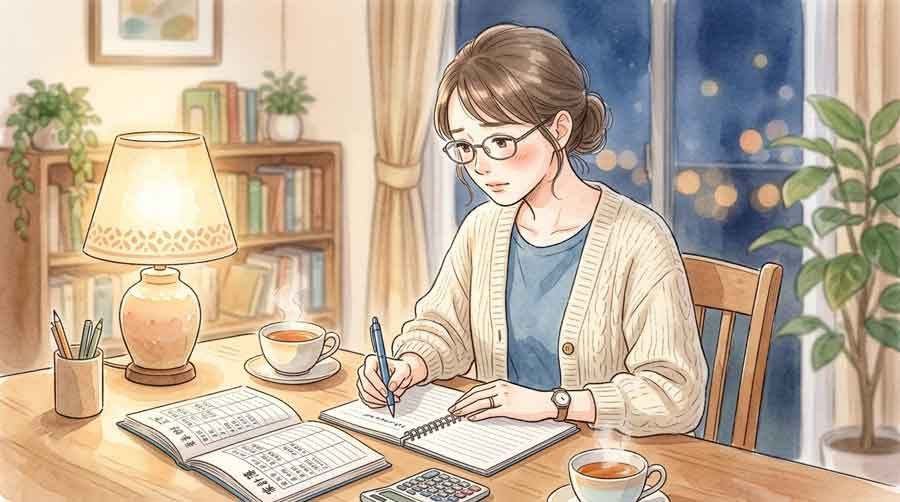 家計への影響を考えながらノートに書き出す様子