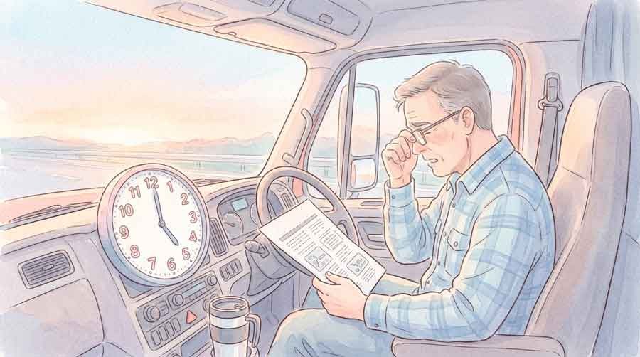 時計と法律の書類を見つめるトラックドライバーのイラスト