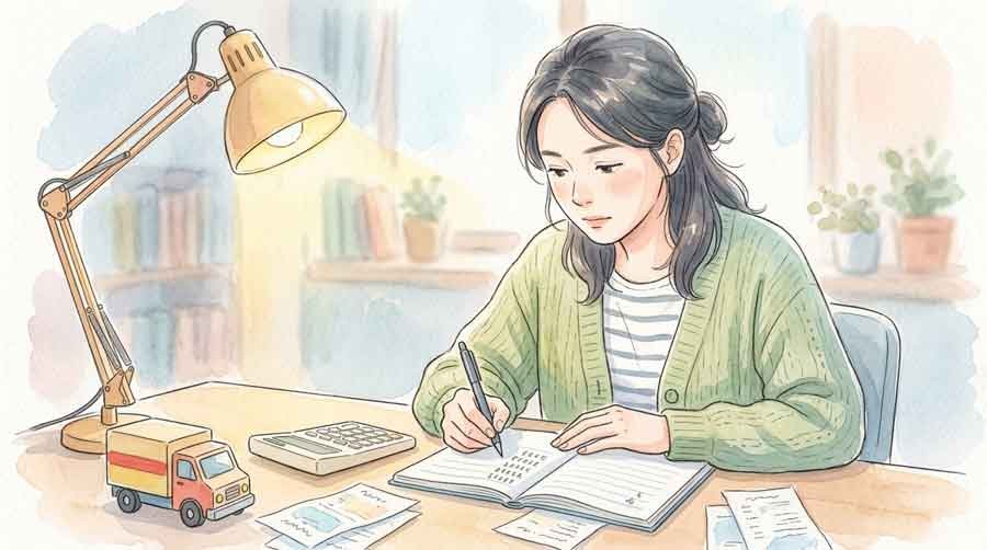 電卓とトラックの模型を並べて計算する女性のイラスト