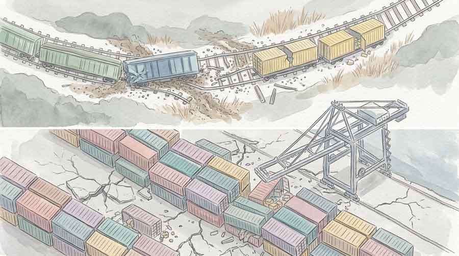 脱線した貨物列車と港湾施設を見渡す俯瞰イラスト