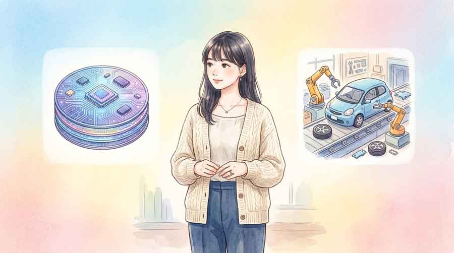 半導体工場と自動車工場を見比べる知的な女性のイラスト