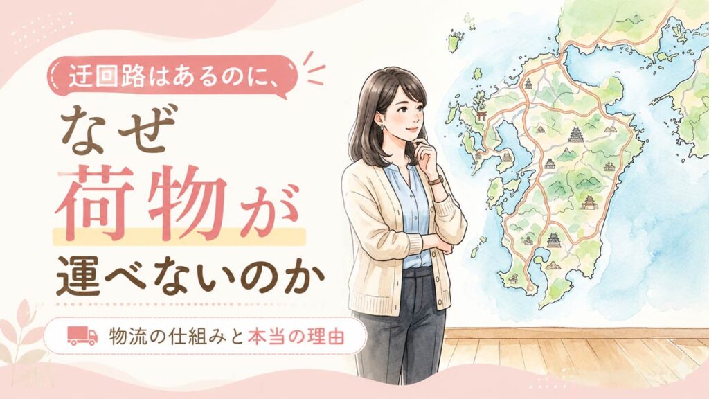 物流2024年問題を示す地図とトラックのイラスト