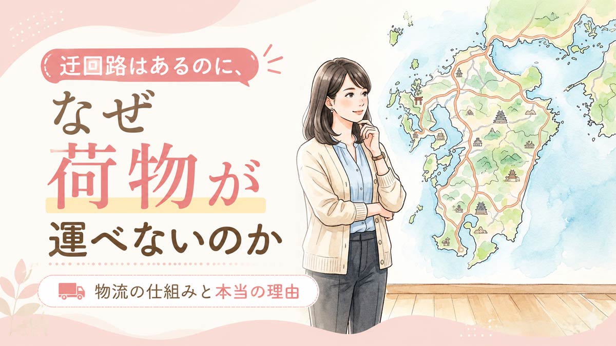 物流2024年問題を示す地図とトラックのイラスト