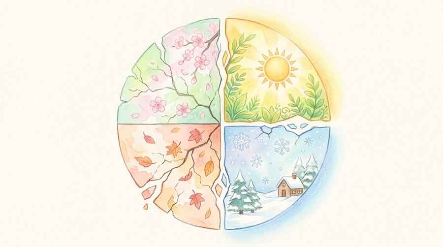 天気図を見つめる知的な女性、猛暑と二季化を示すイラスト