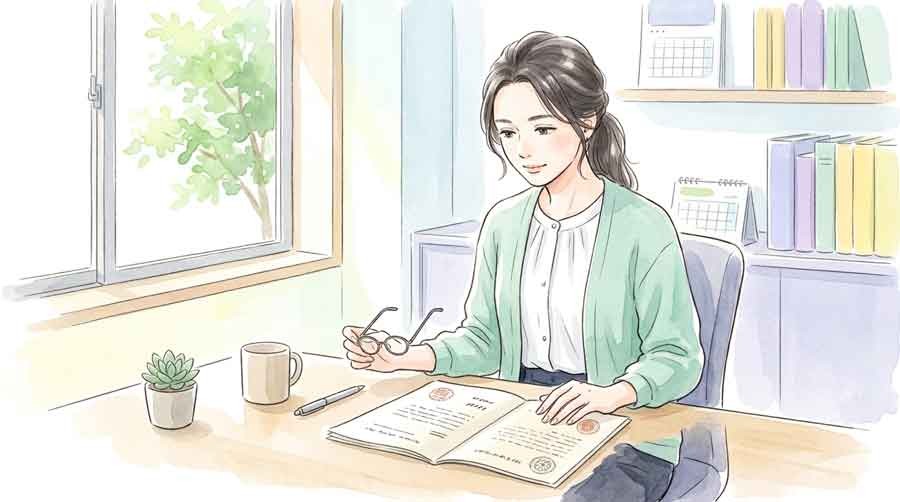 気象庁の発表資料を確認する女性のイラスト
