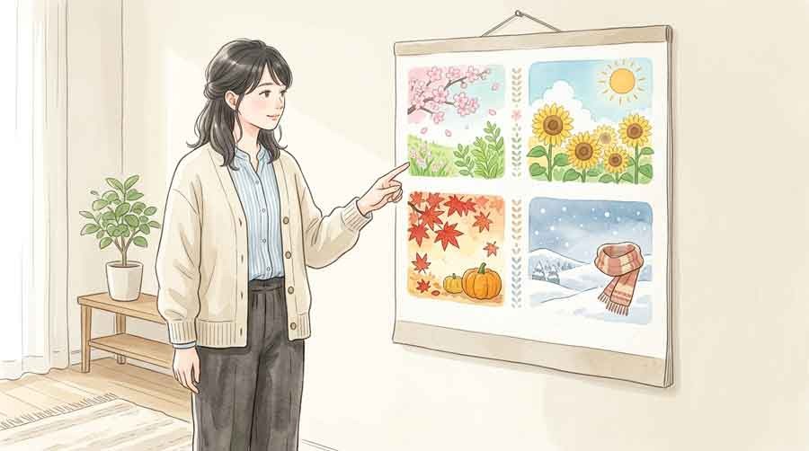 夏と冬の境界線を示すカレンダーを見る女性のイラスト