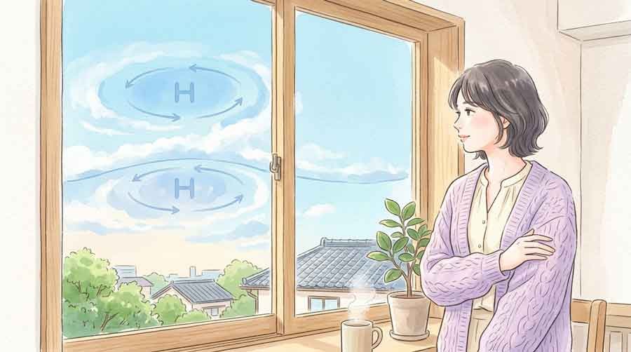 太平洋高気圧とチベット高気圧の重なりを示す気象図のイラスト