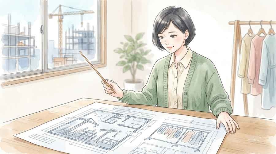 工事現場の暑さ対策とアパレル店舗を示すイラスト