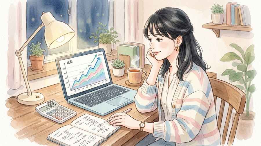グラフと電卓を使って搬送者数の推移を試算する女性のイラスト