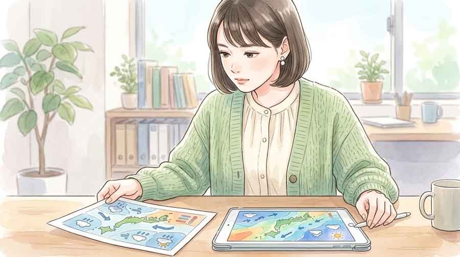 台風9号の進路予報図と予報円を並べて読み解く様子