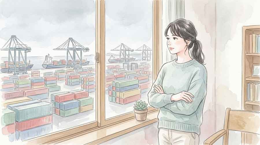 台風の影響で停止した物流拠点のコンテナを見つめる様子