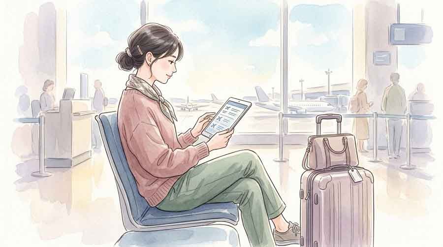 台風接近前に空港のフライト情報を確認する旅行者の様子