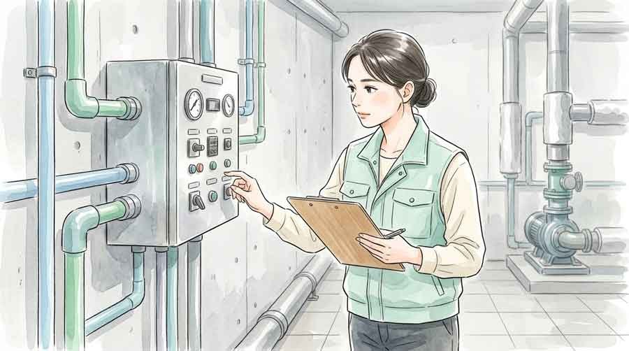 マンションの給水設備と防災備蓄を確認しながら整理する様子