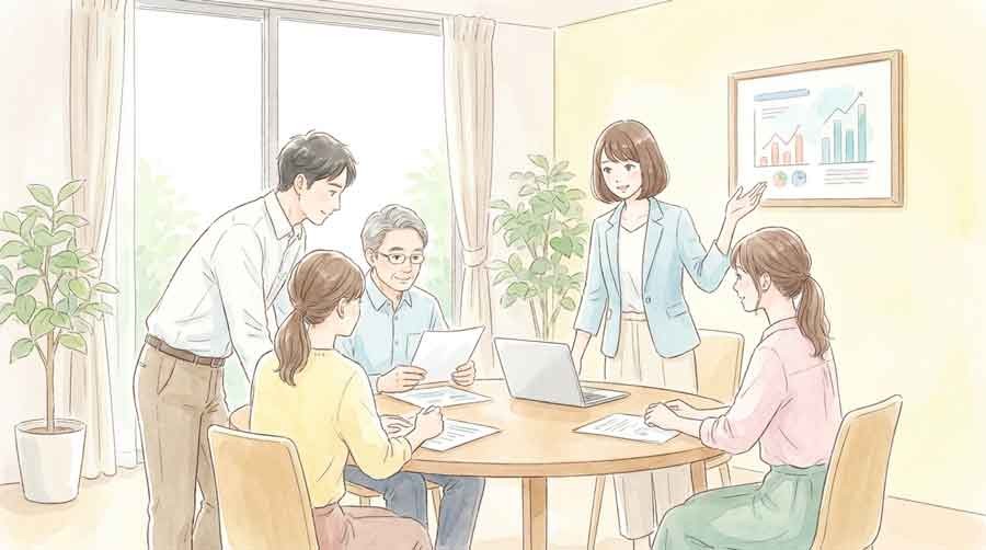 データを分析しながら考える知的な女性のオフィスシーン