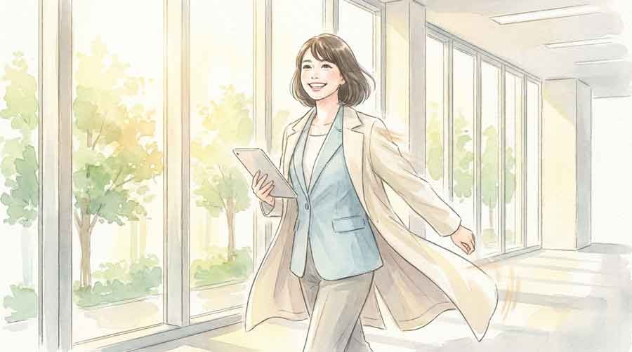 未来的なオフィスで新しい働き方を考えるイメージ