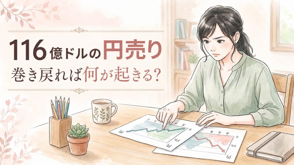 円キャリートレードの巻き戻しと163円から159円へ動いたドル円の資料を読む女性