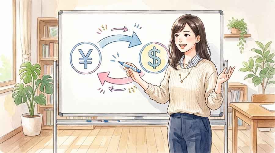 円キャリートレードの仕組みをノートに図解して整理する女性