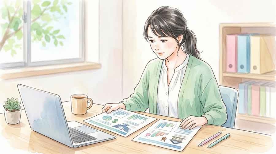 FOMCと日銀の政策発表を比較しながらメモを取る女性
