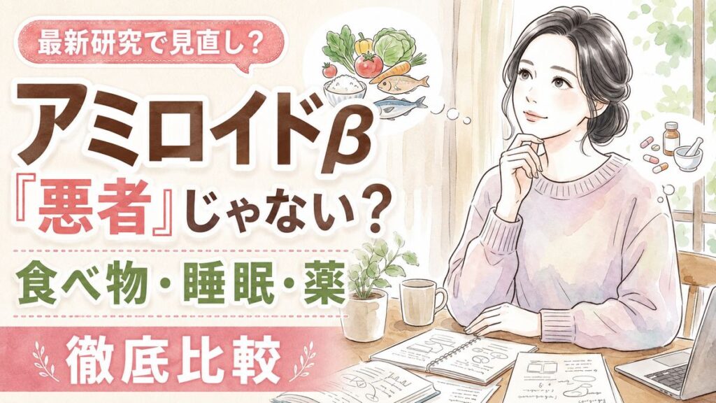 アミロイドβ 減らす食べ物を調べる女性と資料に並ぶ食品のイメージ