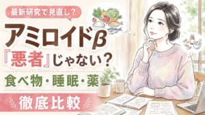 アミロイドβ 減らす食べ物を調べる女性と資料に並ぶ食品のイメージ